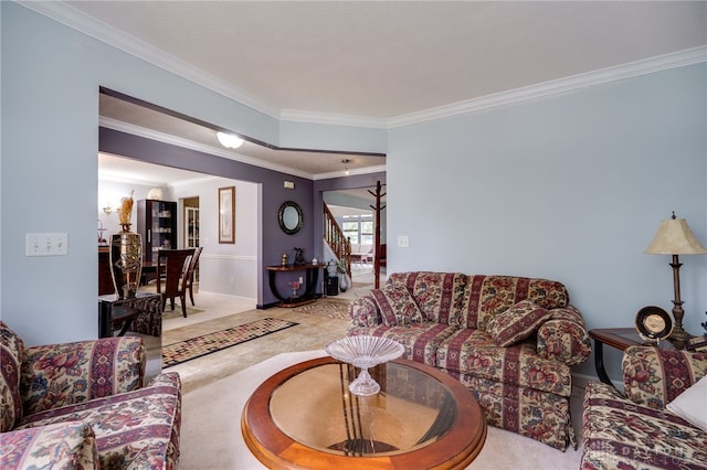 213 Bentridge Dr, Clearcreek Twp, OH 45458 - living room featuring ornamental molding, stairs, and carpet flooring