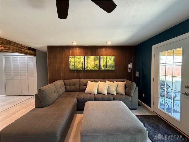 4220 Sillman Pl, Kettering, OH 45440 - living room featuring a ceiling fan, wood finished floors, wooden walls, and recessed lighting