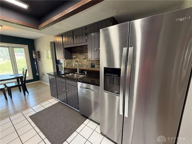 4220 Sillman Pl, Kettering, OH 45440 - kitchen with stainless steel appliances, backsplash, and light tile patterned flooring