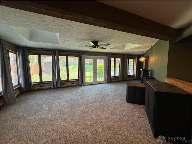 4220 Sillman Pl, Kettering, OH 45440 - unfurnished sunroom featuring french doors, carpet floors, a textured ceiling, beam ceiling, and baseboard heating