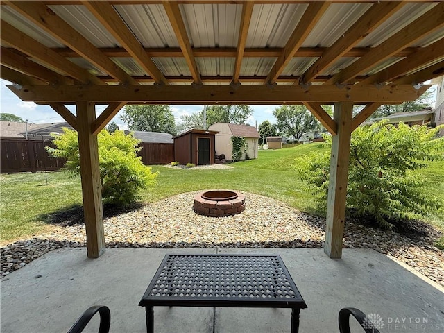 4220 Sillman Pl, Kettering, OH 45440 - view of patio / terrace with a storage shed and a fire pit