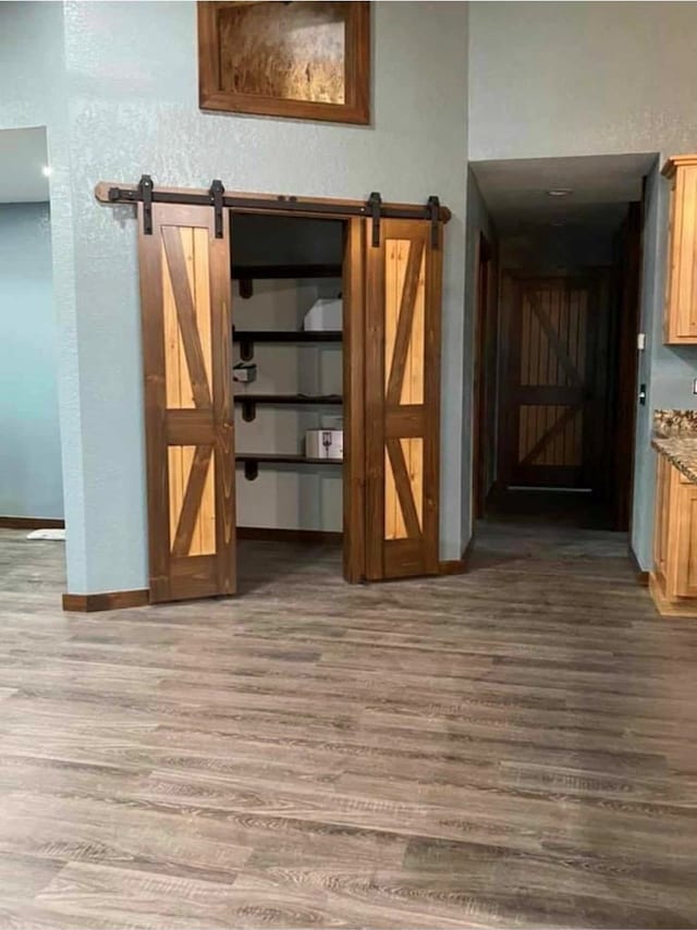 interior space featuring hardwood / wood-style flooring and a barn door