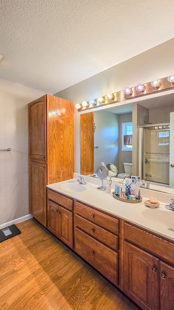 26484 State Highway 3, Kirksville, MO 63501 - bathroom with wood finished floors, double vanity, a shower with door, and a textured ceiling