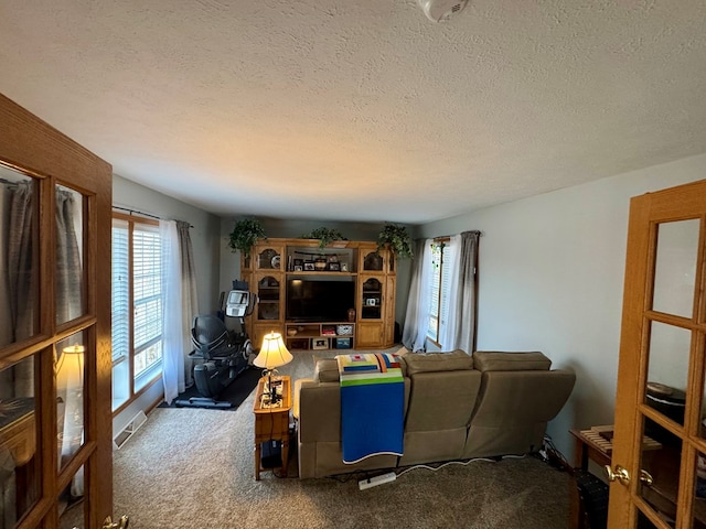 living area with carpet floors and a textured ceiling