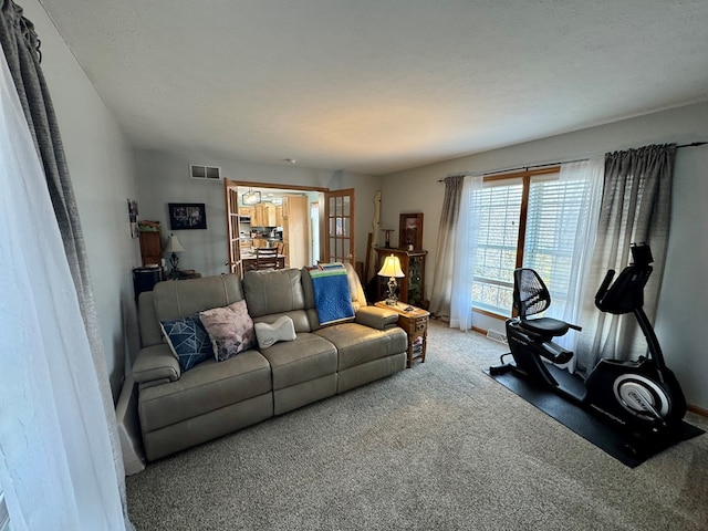 living room with carpet, visible vents, and baseboards