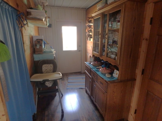 kitchen with wood walls and dark hardwood / wood-style flooring