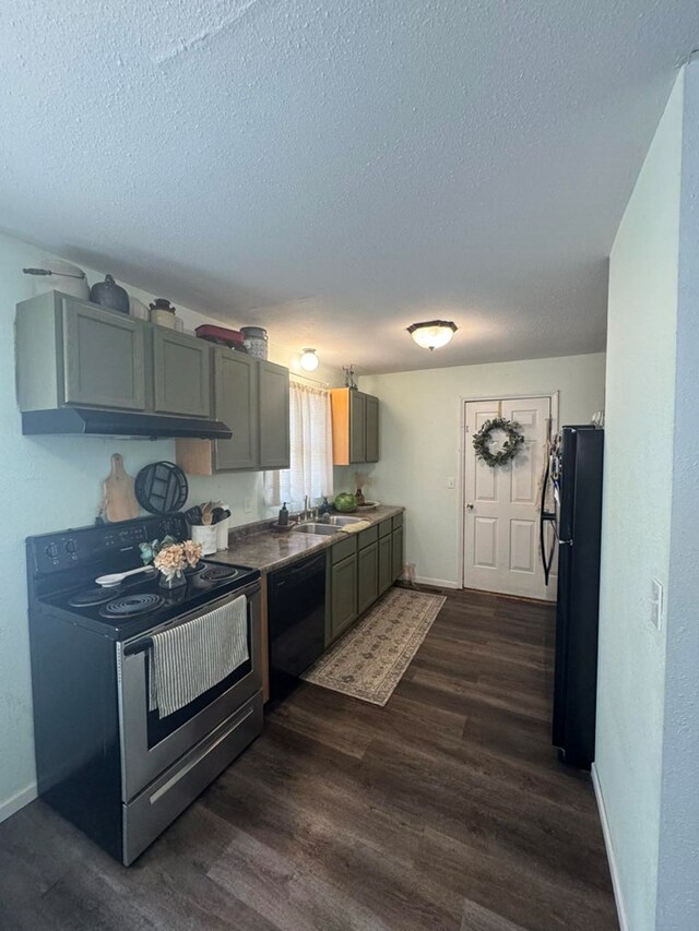 313 E 6th St, Milan, MO 63556 - kitchen with a textured ceiling, dark wood-style flooring, a sink, and black appliances