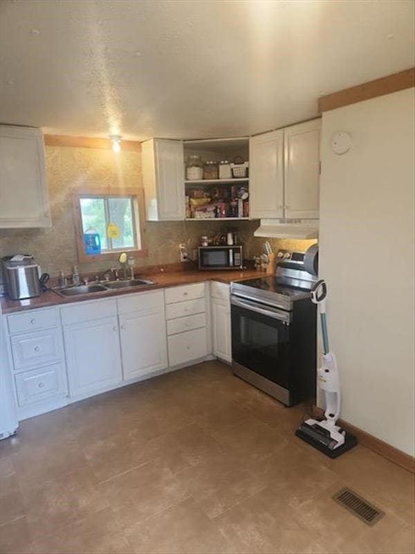 kitchen with white cabinetry, stainless steel electric stove, and sink