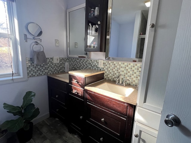 113 N Cottage Grove Ave, Kirksville, MO 63501 - bathroom with decorative backsplash, vanity, and wood finished floors