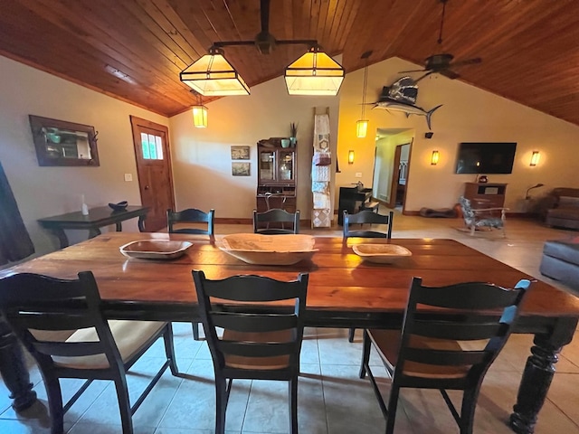 tiled dining space with lofted ceiling, wood ceiling, and ceiling fan