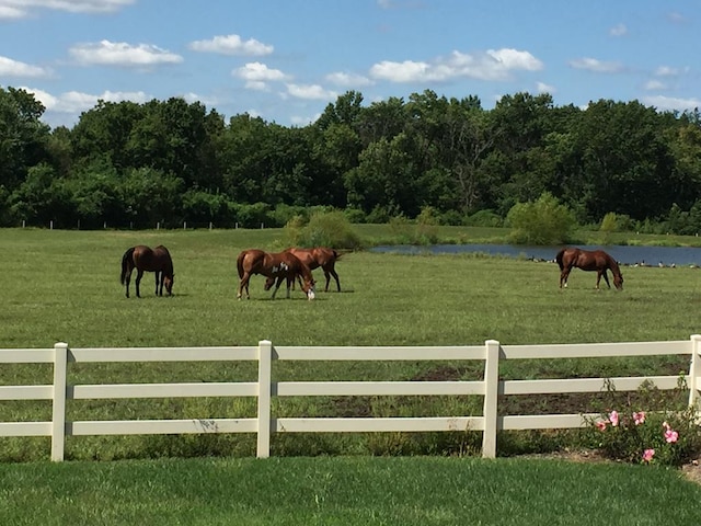 view of community featuring a yard, fence, and a rural view