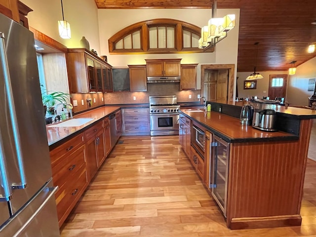 kitchen with stainless steel appliances, dark countertops, a sink, and under cabinet range hood