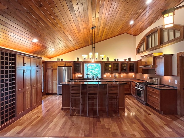 kitchen with stainless steel appliances, dark countertops, a center island, and wood ceiling