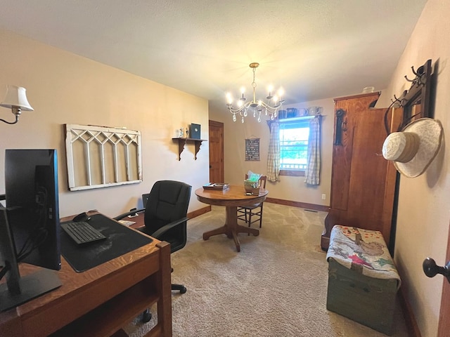 office space featuring an inviting chandelier, baseboards, and light colored carpet