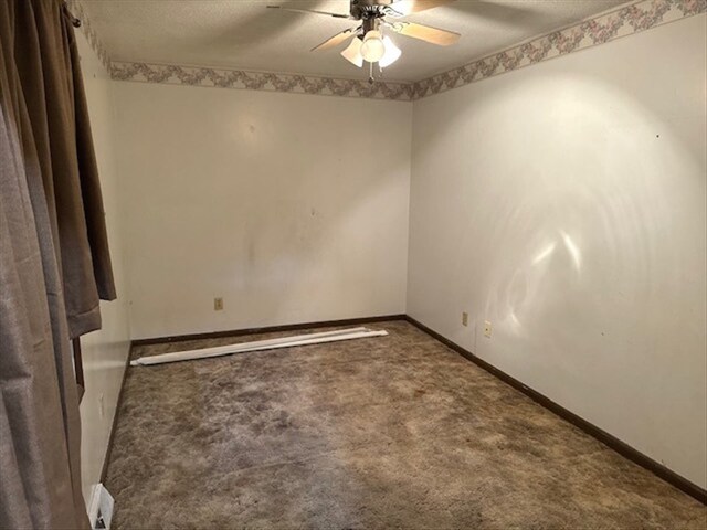 1201 Maffry St, Macon, MO 63552 - carpeted empty room featuring a ceiling fan, baseboards, and a textured ceiling