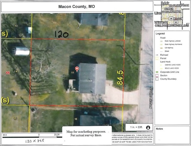 1201 Maffry St, Macon, MO 63552 - aerial map of property and surrounding area featuring property boundaries highlighted