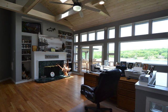 26672 Spring Lake Trl, Kirksville, MO 63501 - home office with ceiling fan, wood ceiling with exposed beams, wood finished floors, healthy amount of natural light, and high vaulted ceiling
