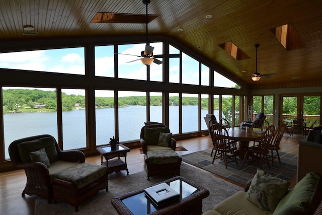 26672 Spring Lake Trl, Kirksville, MO 63501 - living area with a water view, high vaulted ceiling, ceiling fan, wood ceiling, and wood finished floors
