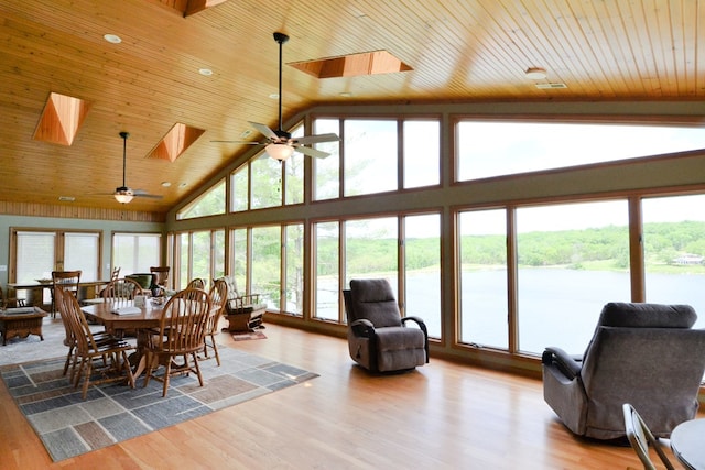 26672 Spring Lake Trl, Kirksville, MO 63501 - dining room featuring high vaulted ceiling, wooden ceiling, a skylight, a ceiling fan, and wood finished floors