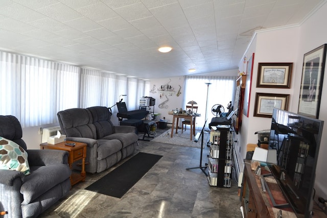 living room featuring ornamental molding