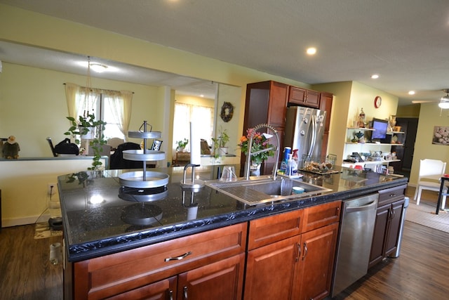 1719 N Osteopathy, Kirksville, MO 63501 - kitchen with a sink, stainless steel appliances, dark wood-style flooring, a ceiling fan, and recessed lighting