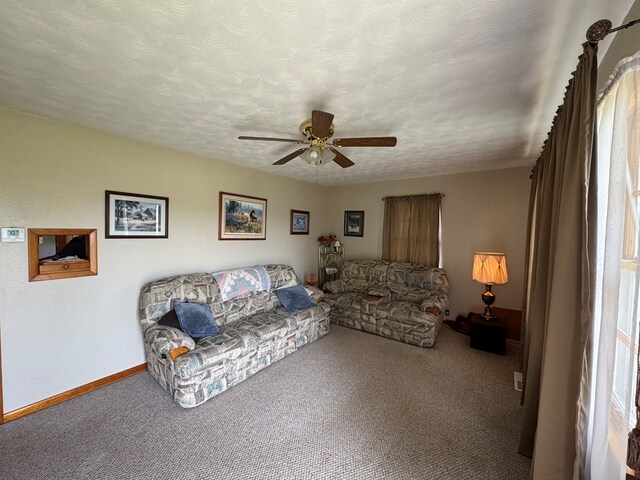 810 S W St, Green City, MO 63545 - carpeted living room with ceiling fan, baseboards, and a textured ceiling