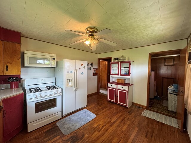 810 S W St, Green City, MO 63545 - kitchen with white appliances, ceiling fan, dark wood-style floors, and light countertops