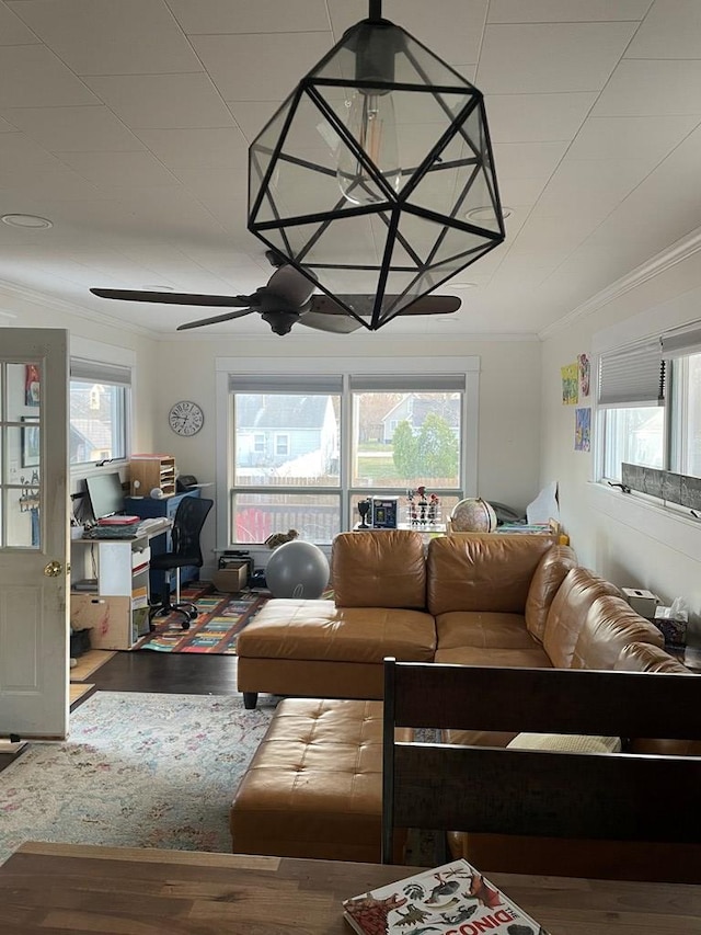 814 E Normal St, Kirksville, MO 63501 - living room featuring wood finished floors, a ceiling fan, and ornamental molding