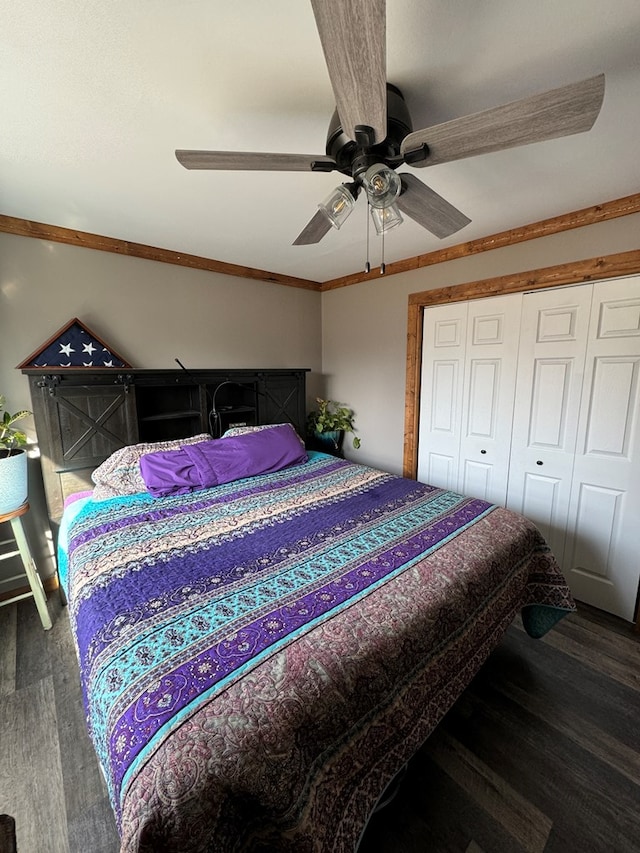 bedroom featuring crown molding, ceiling fan, dark hardwood / wood-style floors, and a closet