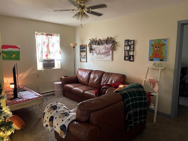 carpeted living room with ceiling fan, a textured ceiling, and a baseboard radiator