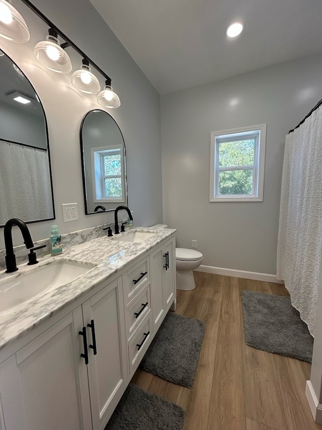 bathroom featuring hardwood / wood-style floors, vanity, and toilet