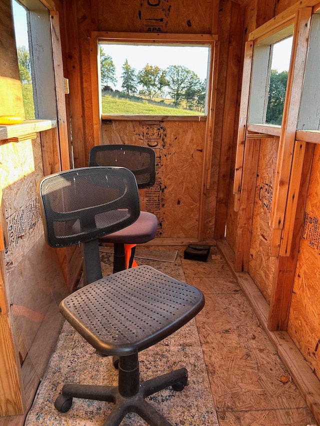 bathroom with wood walls