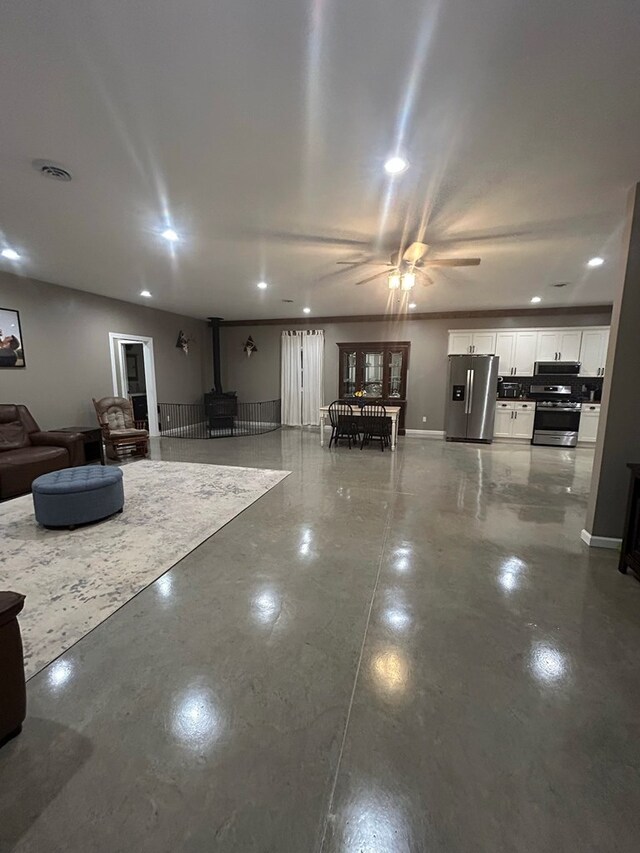 interior space with a wood stove