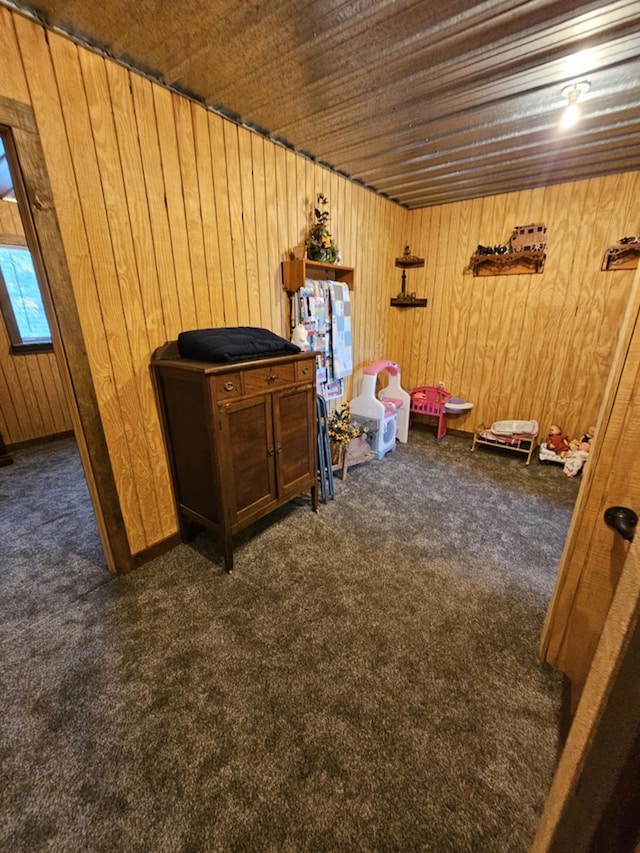 interior space featuring dark carpet and wood walls