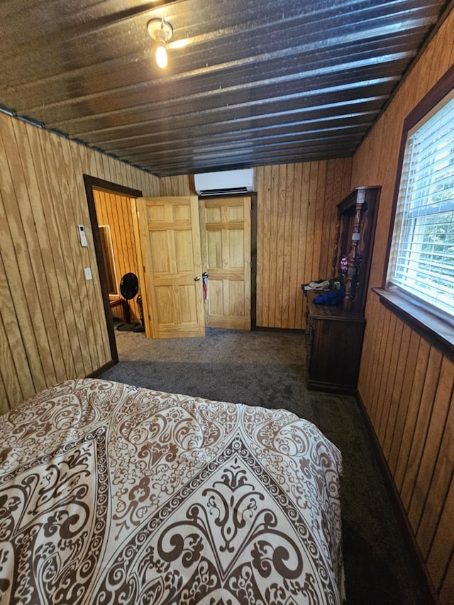 carpeted bedroom with a wall mounted air conditioner and wooden walls