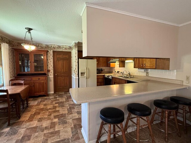 1921 First St, Kirksville, MO 63501 - kitchen with white appliances, brown cabinets, ornamental molding, a peninsula, and light countertops