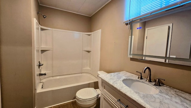 full bathroom with vanity, shower / washtub combination, crown molding, hardwood / wood-style flooring, and toilet