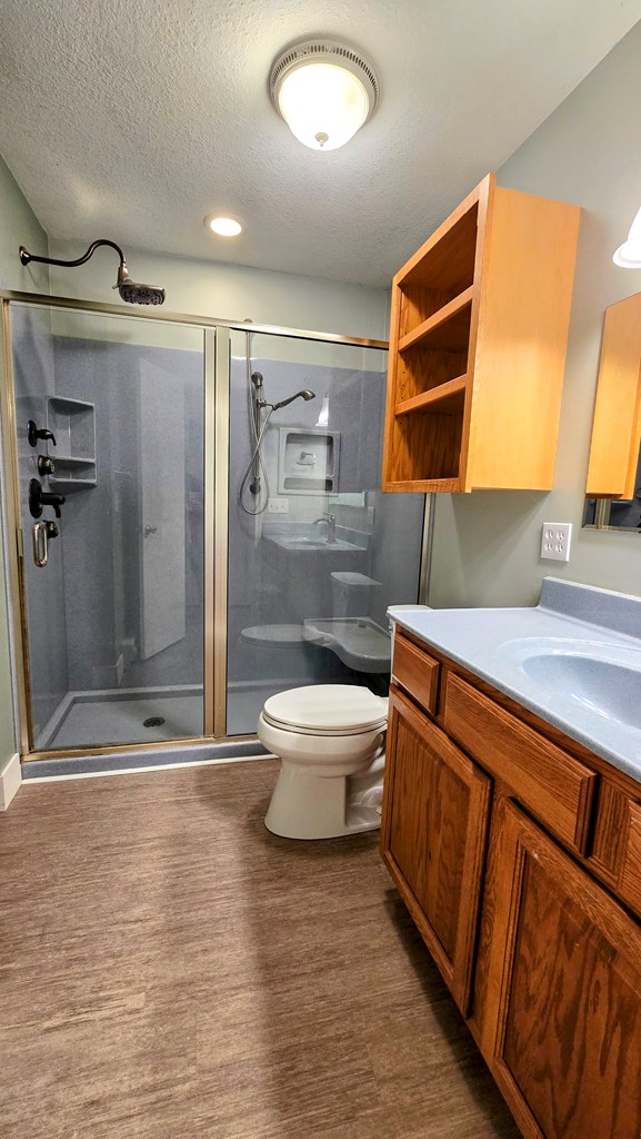 bathroom featuring vanity, an enclosed shower, a textured ceiling, and toilet