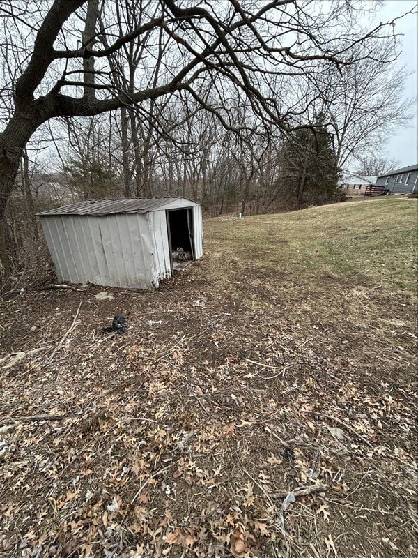 view of yard featuring a storage shed