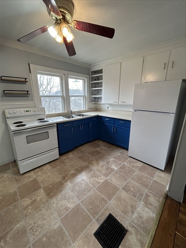 kitchen with sink, crown molding, white appliances, blue cabinetry, and white cabinets