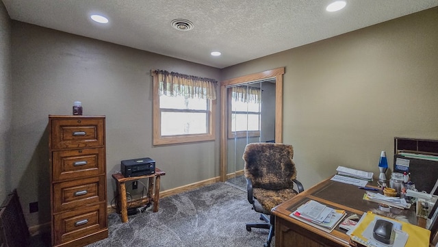 26831 State Highway 11, Kirksville, MO 63501 - office with recessed lighting, baseboards, a textured ceiling, carpet floors, and visible vents