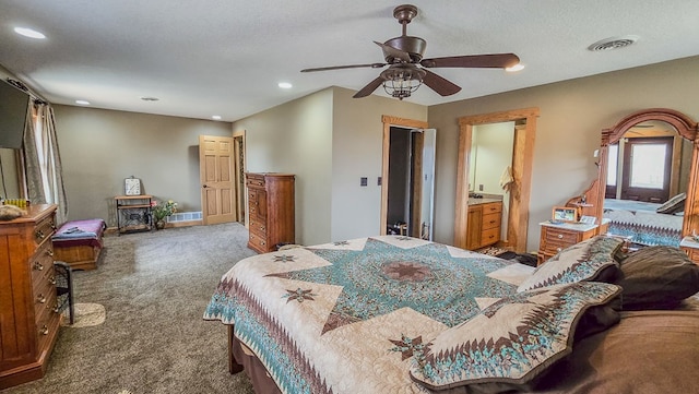 26831 State Highway 11, Kirksville, MO 63501 - carpeted bedroom featuring a textured ceiling, visible vents, recessed lighting, and a ceiling fan
