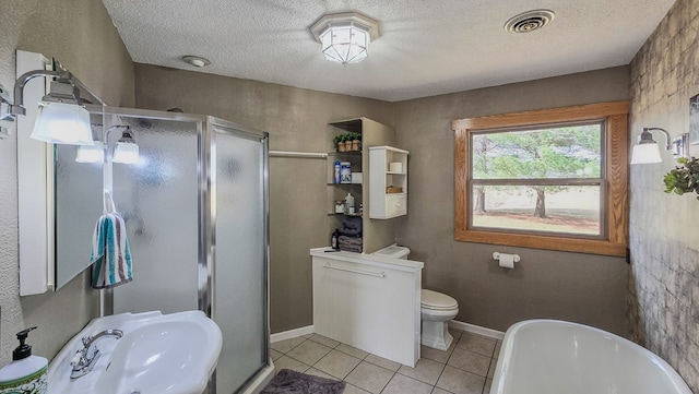 26831 State Highway 11, Kirksville, MO 63501 - full bathroom featuring tile patterned flooring, a shower stall, a textured ceiling, a sink, and visible vents