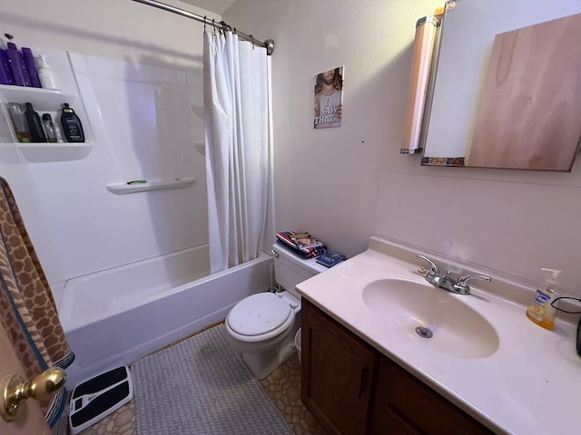 full bath featuring vanity, toilet, and shower / tub combo