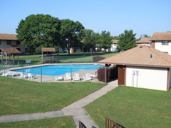 view of pool featuring a patio area, an outdoor structure, and a lawn