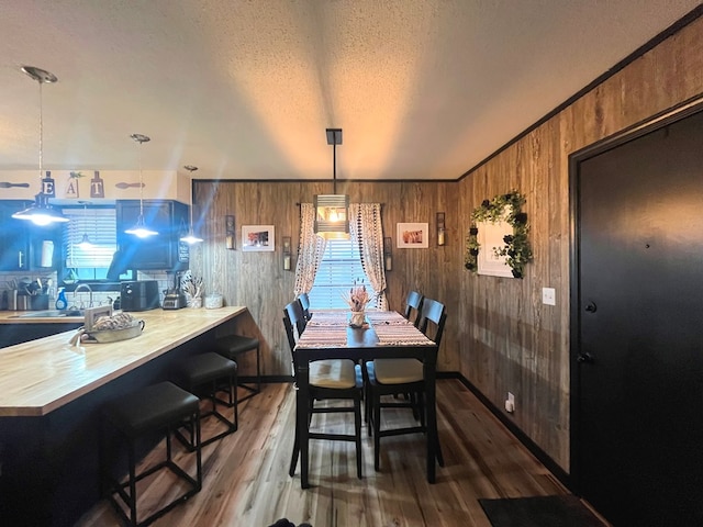 dining area with a textured ceiling, plenty of natural light, and wooden walls