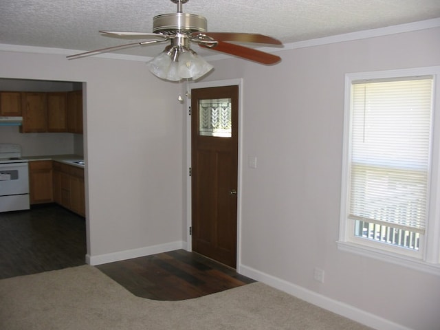 entrance foyer featuring ceiling fan and dark carpet