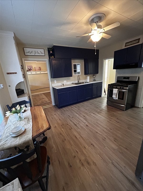 1617 N Church St, Marceline, MO 64658 - kitchen with stainless steel range with gas stovetop, extractor fan, light countertops, wood finished floors, and a ceiling fan
