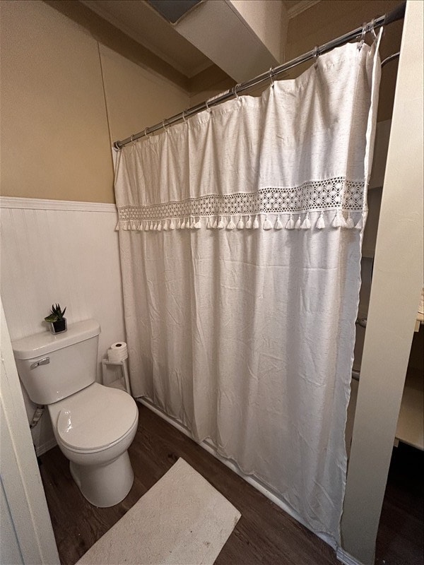 1617 N Church St, Marceline, MO 64658 - bathroom with wood finished floors, a wainscoted wall, and a shower with shower curtain