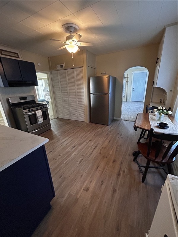 1617 N Church St, Marceline, MO 64658 - kitchen with appliances with stainless steel finishes, exhaust hood, ceiling fan, arched walkways, and light wood-style flooring